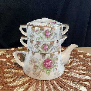 Royal Kelvin Fine China Stackable Tea Pot Gold and Pink Victorian Roses